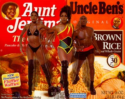 A collage image of Aunt Jemima and Uncle Ben's food products with images of real people superimposed.