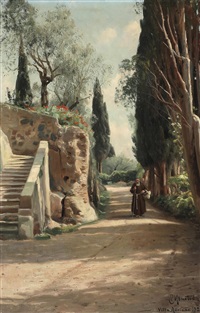 View from Villa Adriana with a walking monk, 1929 View from Villa Adriana with a walking monk, 1929