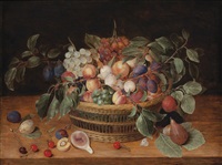 nature morte aux pêches, prunes et raisins dans une corbeille sur un entablement by jacob van hulsdonck