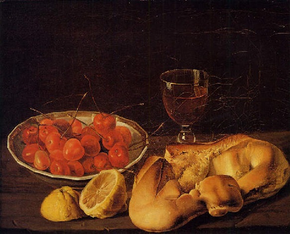 Natura Morta Con Pane Limone Un Calice Di Vino Un Piatto Di Ciliegie By Luis Melendez On Artnet