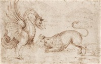 A lion confronting a dragon