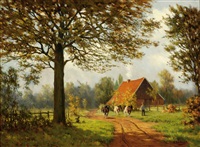 Three cows and a farmer on a sand road with a... Three cows and a farmer on a sand road with a...