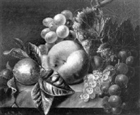 A still life with a peach, a lemon and grapes A still life with a peach, a lemon and grapes