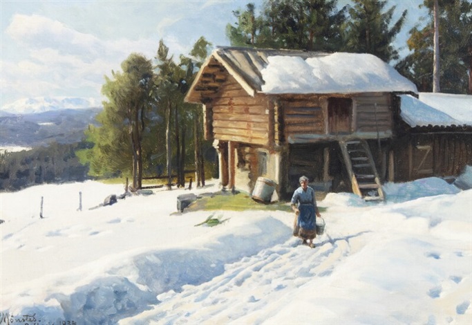 A Norwegian Wintry Landscape With A Woman Near A Log Cabin By