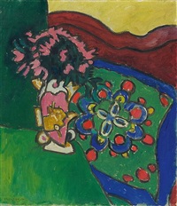 Blumenstillleben mit Sofa und Kissen, 1910