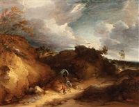 Dune Landscape with Chariot and Figures on a... Dune Landscape with Chariot and Figures on a...