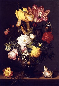 a tulip, a yellow iris, a sprig of moss rose, a snake's head fritillery, roses, peonies, forget-me-not, lily of the valley and other blooms in a bronze vase with gilt mounts, on a ledge by ambrosius bosschaert the younger