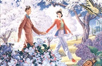 Couple walking in springrime orchard