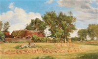 Harvest scene with a farm house and a family Harvest scene with a farm house and a family