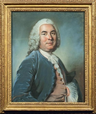 Portrait dun fermier général, en habit de velours bleu, gilet beige by