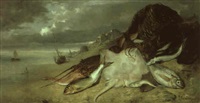 Nature morte aux poissons renvers,s sur une plage