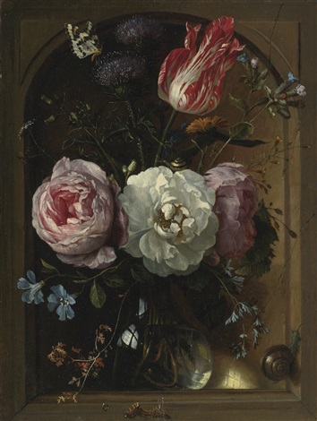 A Glass Vase Of Flowers Including Roses A Tulip And Thistles