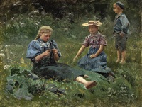 Three children in a meadow on a summer day, 1898 Three children in a meadow on a summer day, 1898