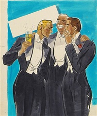 Three men in formal attire, one holding a drink Three men in formal attire, one holding a drink