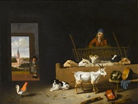 a barn interior with sheep, a goat, a dog, a cockerel and a farmer, with a boy in the doorway, a view to a village beyond by hubert van ravesteyn