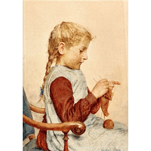 strickendes mädchen by albert anker