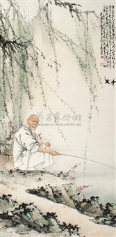 Fishing under plum blossom
