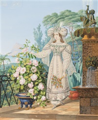 Oriental Lady with Roses on a Terrace