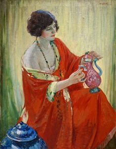 a woman in a red kimono examining a ceramic' by matteo sandona