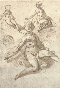 A seated female nude plucking a flower, with two