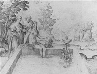 Femme au bain entourée de deux hommes