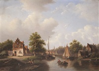 Paysage aquatique en Hollande avec maisons..., 1860 Paysage aquatique en Hollande avec maisons..., 1860