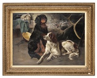 Gordon setter og engelsk setter ved en grue Gordon setter og engelsk setter ved en grue