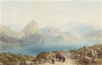 Figures walking beside an Italian lake