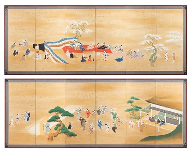 flower-viewing-scene (a pair of japanese six-panel folding screen) by anonymous-japanese
