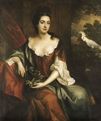 Portrait of a lady seated in a brown dress with... Portrait of a lady seated in a brown dress with...