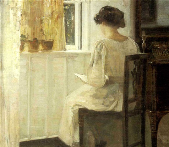 Art Oil painting Carl Vilhelm Holsoe--Woman Reading in an Interior in sunny day 