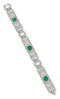 An Art Deco Emerald, Diamond and Platinum Bracelet