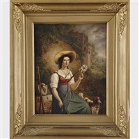 Lady traveller spinning yarn with her dog, 1835 Lady traveller spinning yarn with her dog, 1835