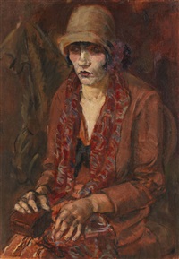 Frau in Rot mit Hut (Modell an der..., 1926–1927
