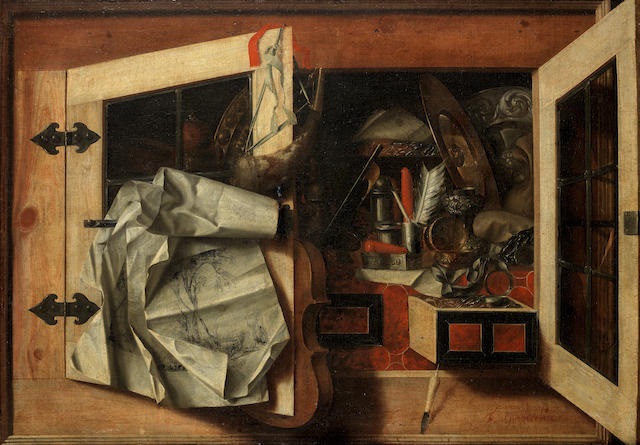 A Trompe Loeil Still Life Of A Half Open Wall Cabinet Filled With