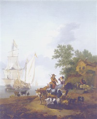 a coastal landscape with peasants on horseback with their livestock, a cottage and shipping beyond by adam de colonia