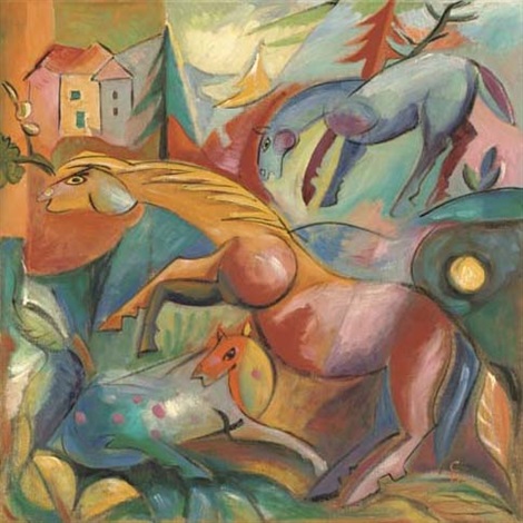 Picture of Landschaft mit Pferden by Heinrich Campendonk