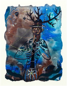 man with antlers playing an oboe by jorge zeno
