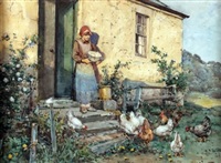 Girl feeding chickens before a cottage, 1919