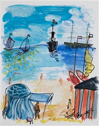 Escena de playa con barcos al fondo