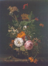 A Still Life Of Roses Marigolds And Other Flowers In A Glass Vase