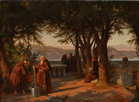 Italian monks in a monastery garden with a..., 1848 Italian monks in a monastery garden with a..., 1848