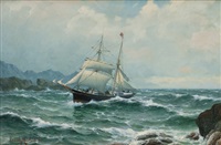 Seilskute i opprørt sjø mellom klipper 1893, 1893 Seilskute i opprørt sjø mellom klipper 1893, 1893