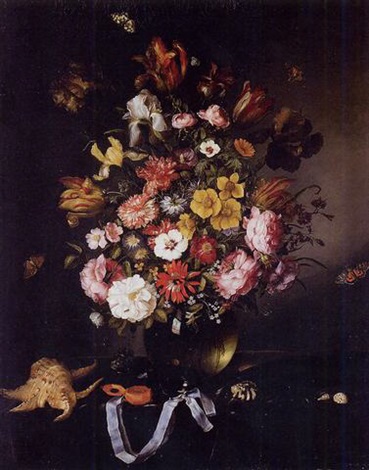 Still Life Of Flowers In A Glass Vase With Butterflies Seashells