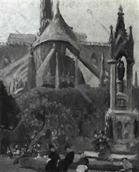 Figures in a park outside Notre Dame, 1911