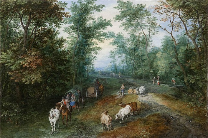 Jan Baptiste Brueghelによる田舎道を旅する旅行者との森の風景 ジャンバプティストブリューゲルによって田舎道で旅行者と樹木が茂った風景