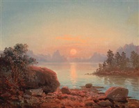 Sunset over a lake with mountains in the..., 1854