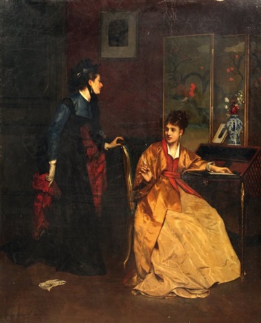 Deux élégantes dans un intérieur by Jules Adolphe Goupil on