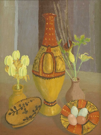 A Still Life With Vases Flowers And A Dish Of Painted Eggs By Sir