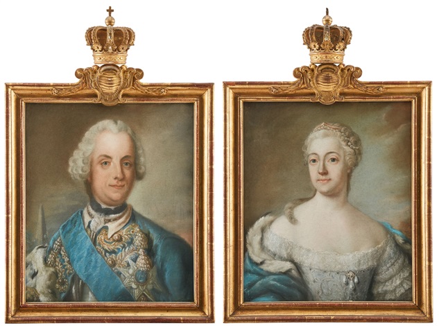 Porträtt föreställande kung Adolf Fredrik iklädd broderad jacka bärandes Serafimerordens blå ...